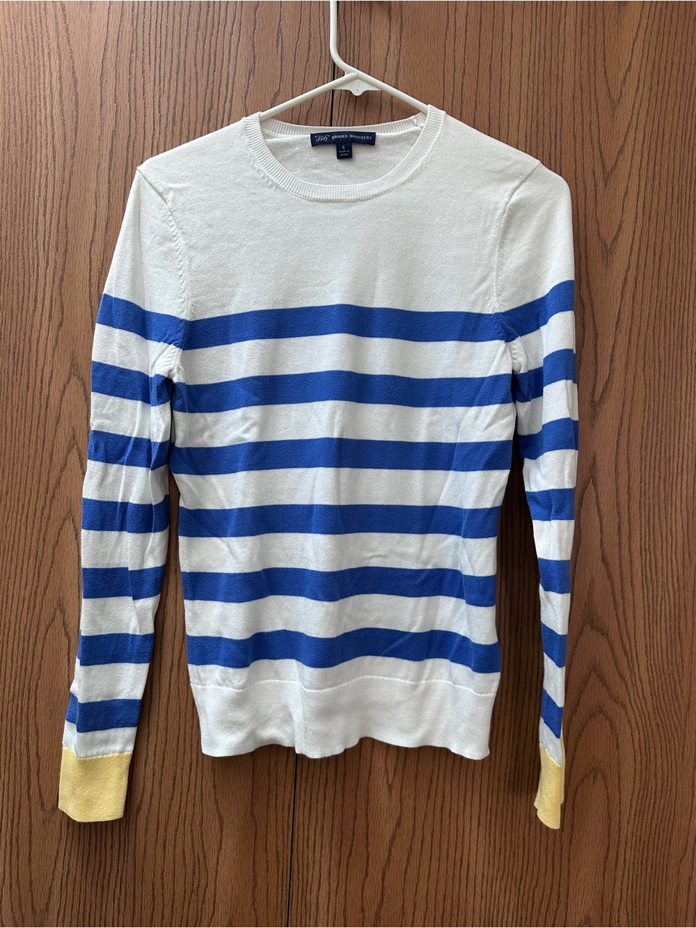 Brooks Brothers White Crewneck Sweater with Blue Stripes and Yellow Cuffs